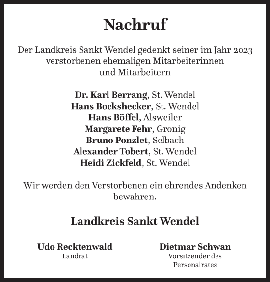 Todesanzeige von Nachruf Landkreis Sankt Wendel von saarbruecker_zeitung