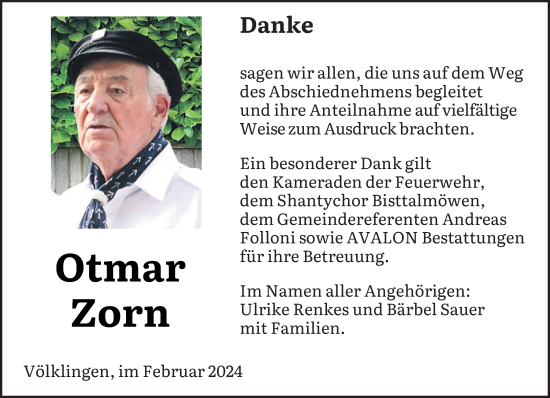 Todesanzeige von Otmar Zorn von saarbruecker_zeitung