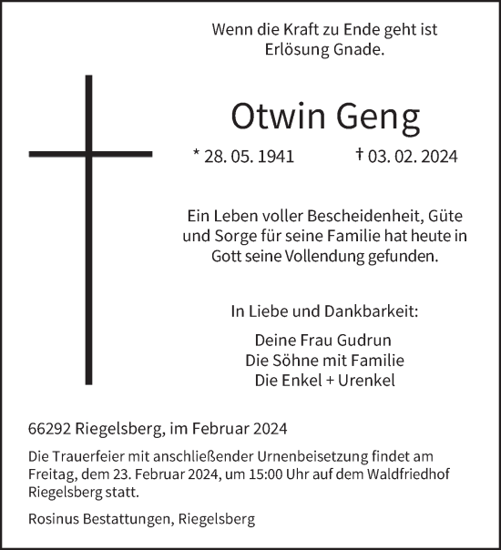 Todesanzeige von Otwin Geng von saarbruecker_zeitung