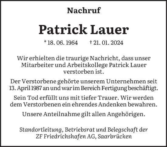 Todesanzeige von Patrick Lauer von saarbruecker_zeitung
