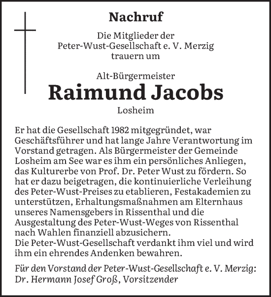 Todesanzeige von Raimund Jacobs von saarbruecker_zeitung