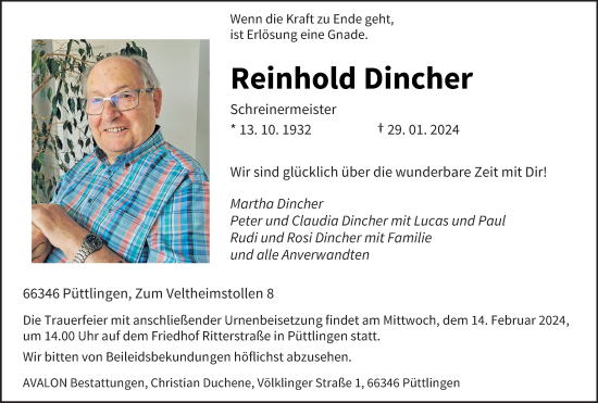 Todesanzeige von Reinhold Dincher von saarbruecker_zeitung
