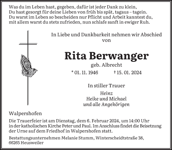 Todesanzeige von Rita Berwanger von saarbruecker_zeitung