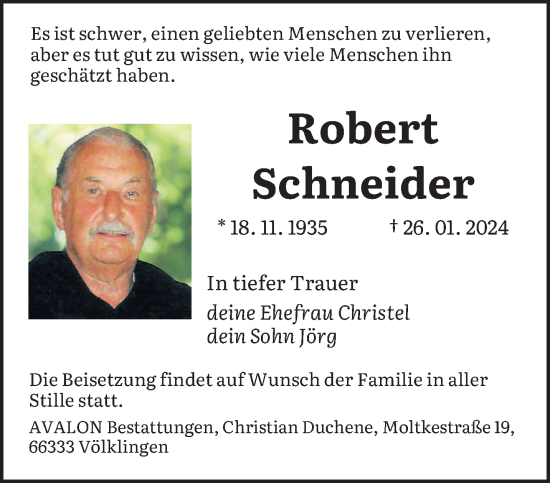 Todesanzeige von Robert Schneider von saarbruecker_zeitung