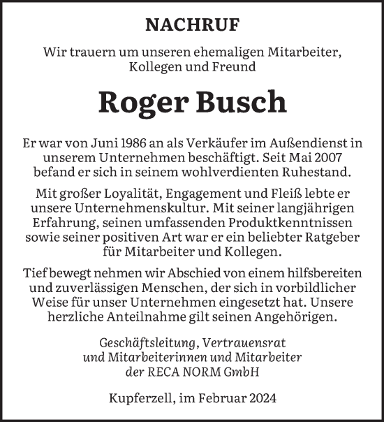 Todesanzeige von Roger Busch von saarbruecker_zeitung