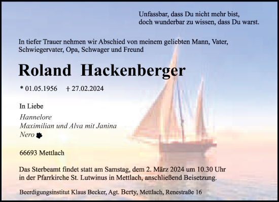 Todesanzeige von Roland Hackenberger von saarbruecker_zeitung