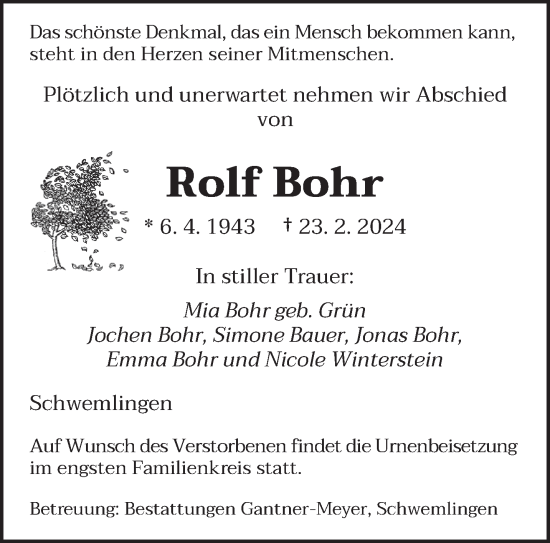 Todesanzeige von Rolf Bohr von saarbruecker_zeitung