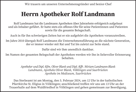 Todesanzeige von Rolf Landmann von saarbruecker_zeitung