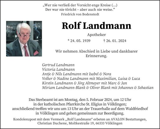 Todesanzeige von Rolf Landmann von saarbruecker_zeitung