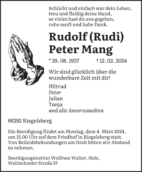 Todesanzeige von Rudolf Mang von saarbruecker_zeitung