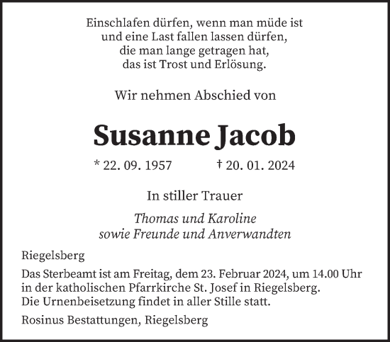 Todesanzeige von Susanne Jacob von saarbruecker_zeitung