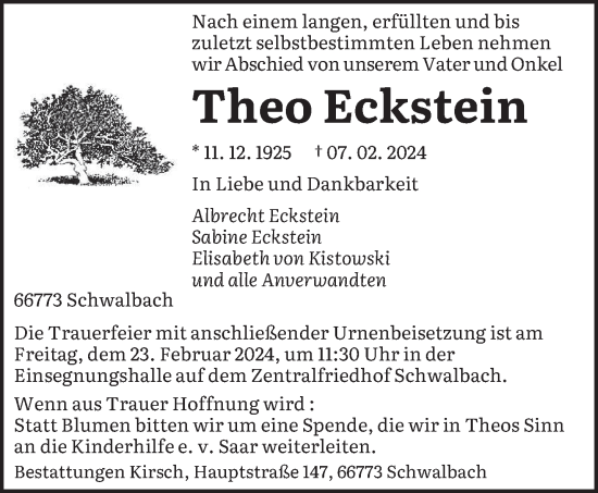 Todesanzeige von Theo Eckstein von saarbruecker_zeitung