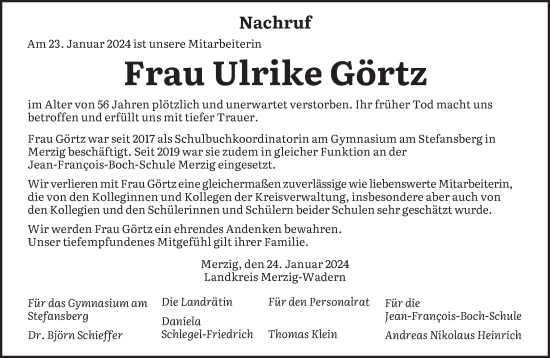 Todesanzeige von Ulrike Görtz von saarbruecker_zeitung