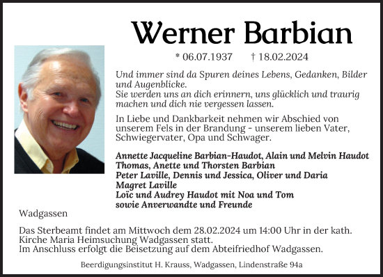 Todesanzeige von Werner Barbian von saarbruecker_zeitung
