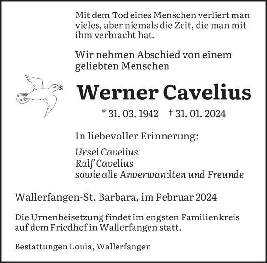 Todesanzeige von Werner Cavelius von saarbruecker_zeitung