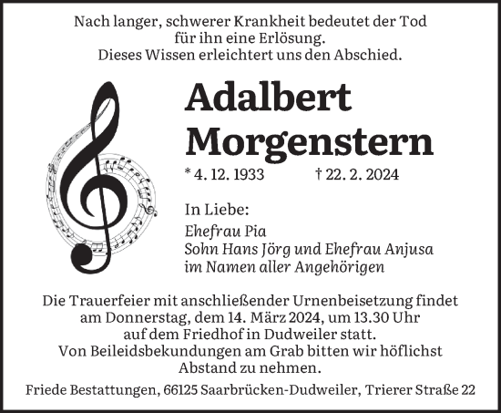 Todesanzeige von Adalbert Morgenstern von saarbruecker_zeitung