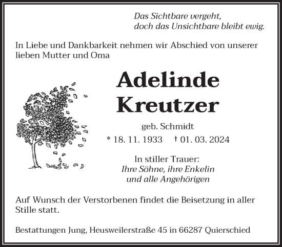 Todesanzeige von Adelinde Kreutzer von saarbruecker_zeitung