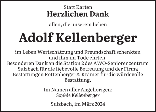 Todesanzeige von Adolf Kellenberger von saarbruecker_zeitung