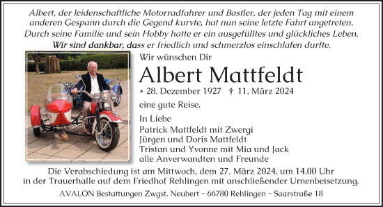 Todesanzeige von Albert Mattfeldt von saarbruecker_zeitung