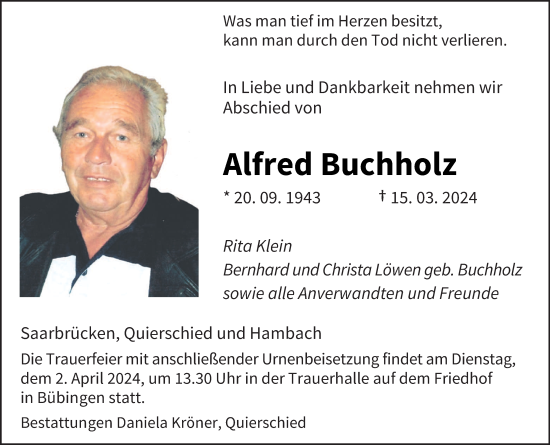 Todesanzeige von Alfred Buchholz von saarbruecker_zeitung