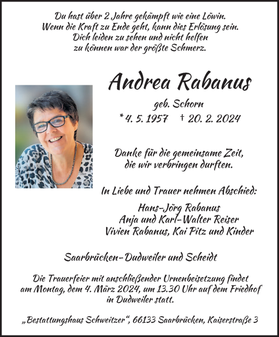 Todesanzeige von Andrea Rabanus von saarbruecker_zeitung