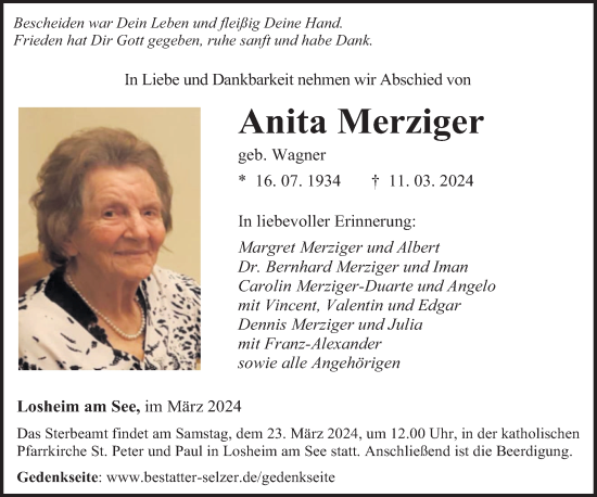 Todesanzeige von Anita Merziger von saarbruecker_zeitung