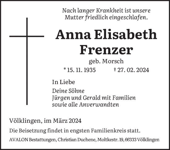 Todesanzeige von Anna Elisabeth Frenzer von saarbruecker_zeitung