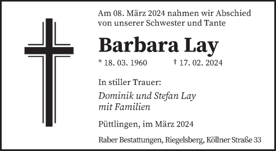 Todesanzeige von Barbara Lay von saarbruecker_zeitung