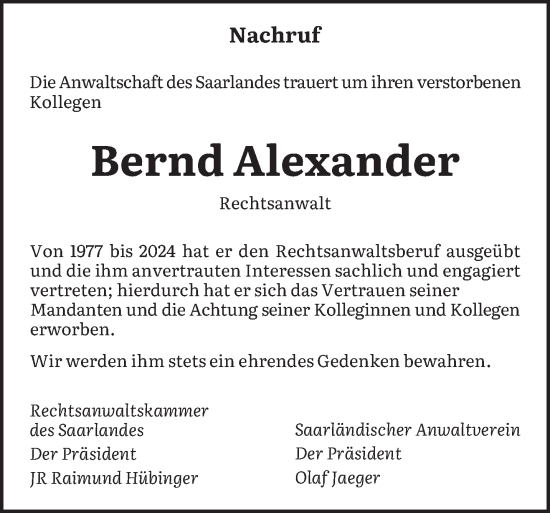 Todesanzeige von Bernd Alexander von saarbruecker_zeitung