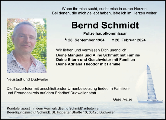 Todesanzeige von Bernd Schmidt von saarbruecker_zeitung