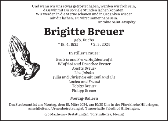 Todesanzeige von Brigitte Breuer von saarbruecker_zeitung