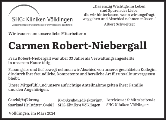 Todesanzeige von Carmen Robert-Niebergall von saarbruecker_zeitung