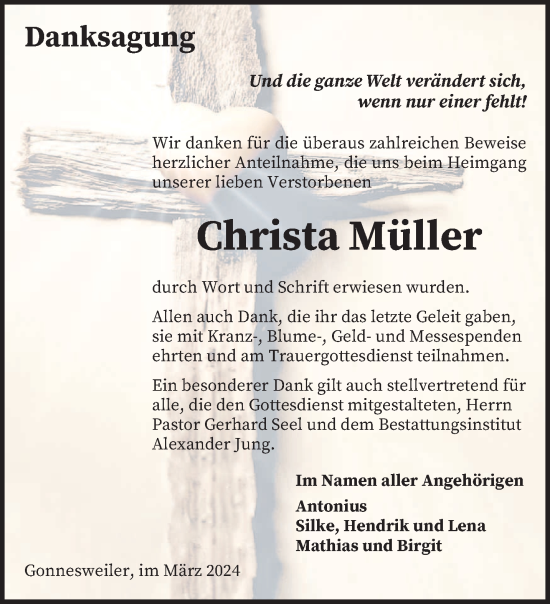 Todesanzeige von Christa Müller von saarbruecker_zeitung