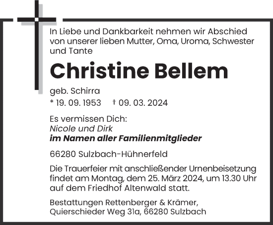 Todesanzeige von Christine Bellem von saarbruecker_zeitung