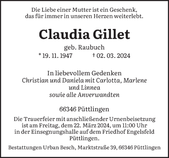 Todesanzeige von Claudia Gillet von saarbruecker_zeitung