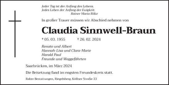 Todesanzeige von Claudia Sinnwell-Braun von saarbruecker_zeitung