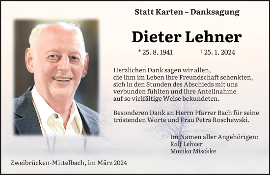 Todesanzeige von Dieter Lehner von saarbruecker_zeitung