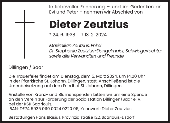 Todesanzeige von Dieter Zeutzius von saarbruecker_zeitung