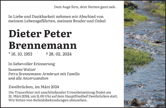 Todesanzeige von Dieter Peter Brennemann von saarbruecker_zeitung