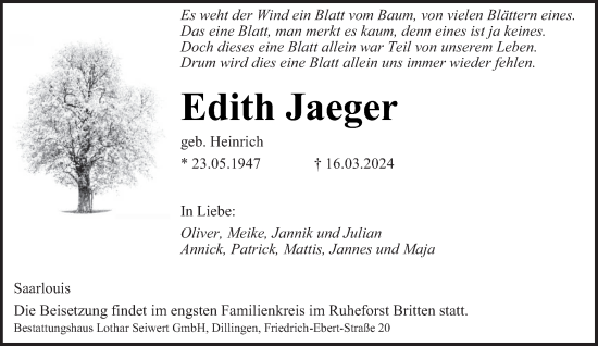 Todesanzeige von Edith Jaeger von saarbruecker_zeitung