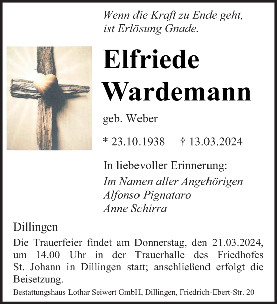 Todesanzeige von Elfriede Wardemann von saarbruecker_zeitung