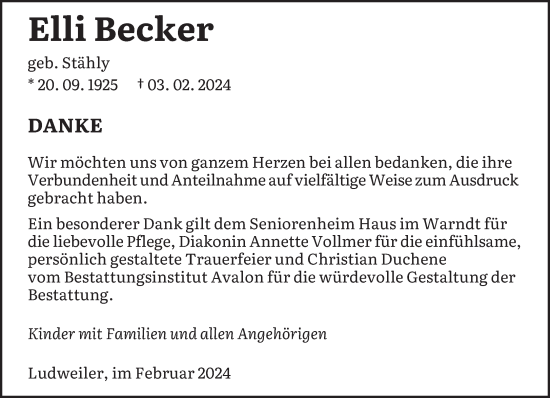 Todesanzeige von Elli Becker von saarbruecker_zeitung