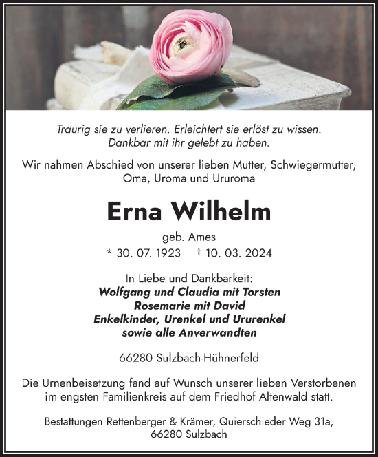 Todesanzeige von Erna Wilhelm von saarbruecker_zeitung