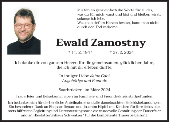 Todesanzeige von Ewald Zamostny von saarbruecker_zeitung