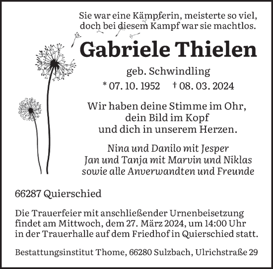 Todesanzeige von Gabriele Thielen von saarbruecker_zeitung