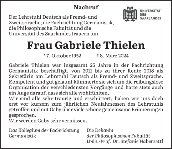 Todesanzeige von Gabriele Thielen von saarbruecker_zeitung