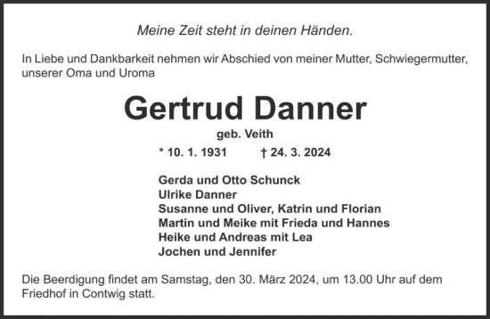 Todesanzeige von Gertrud Danner von saarbruecker_zeitung