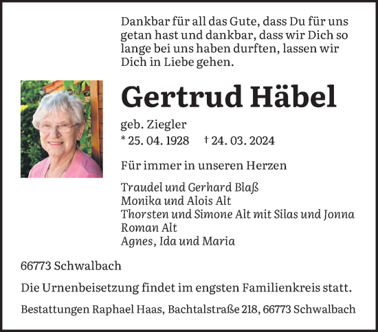Todesanzeige von Gertrud Häbel von saarbruecker_zeitung