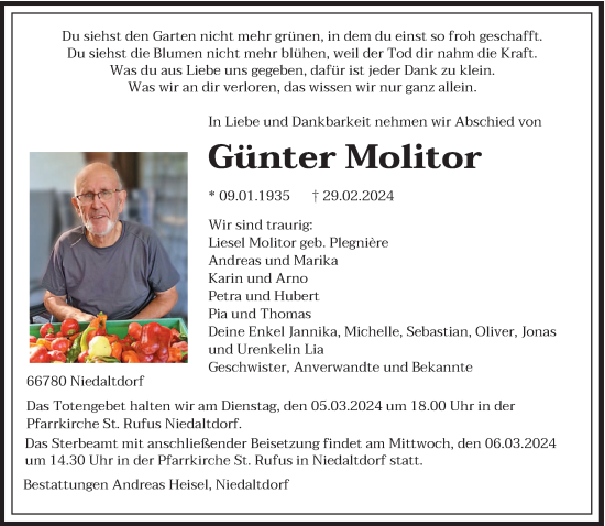 Todesanzeige von Günter Molitor von saarbruecker_zeitung