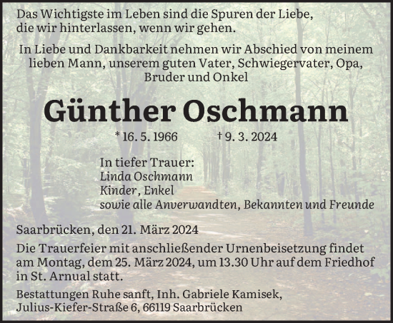 Todesanzeige von Günther Oschmann von saarbruecker_zeitung